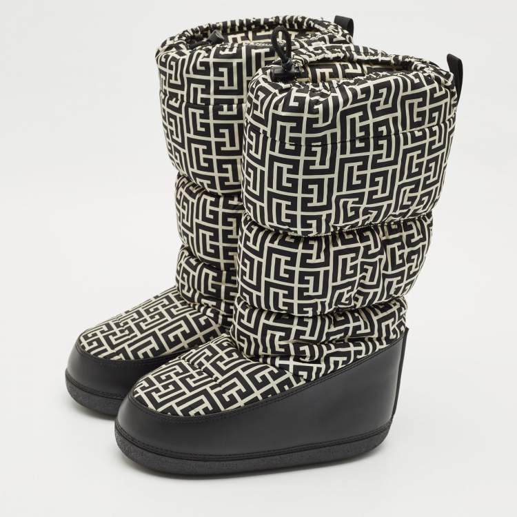 Pre Owned Balmain Black/White Fabric and Leather Monogram Polyamide Snow Boots Size 38- 40