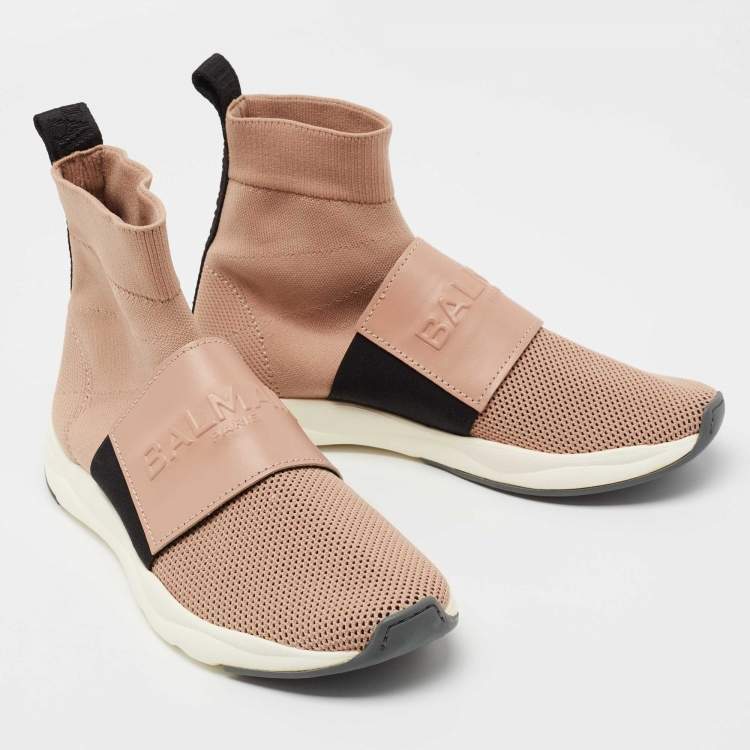 Pre Owned Balmain Pink Knit Fabric Cameron Sock Sneakers Size 39