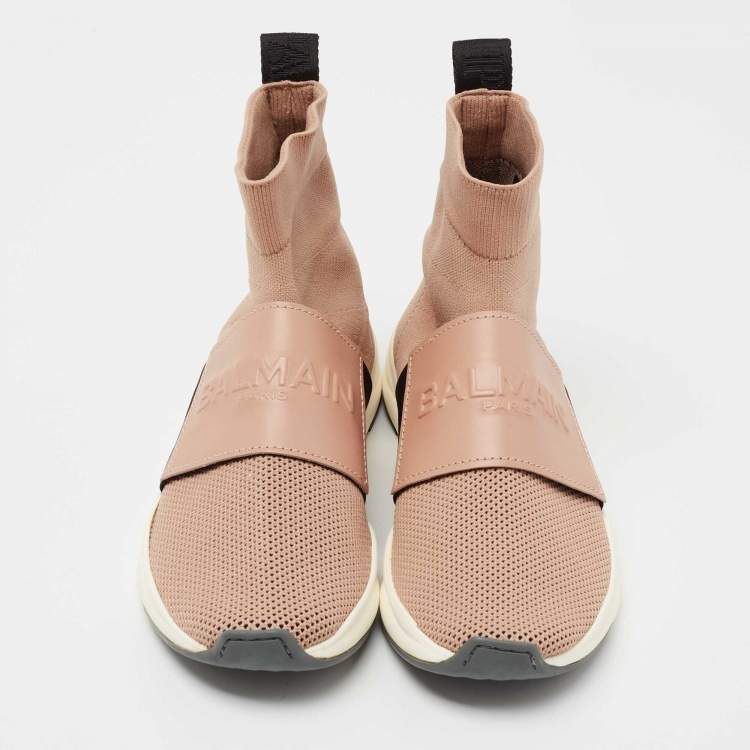 Pre Owned Balmain Pink Knit Fabric Cameron Sock Sneakers Size 39