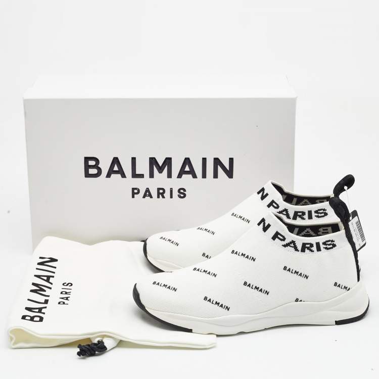 Pre Owned Balmain White/Black Knit Fabric Sock Knit Logo High Top Sneakers Size 37