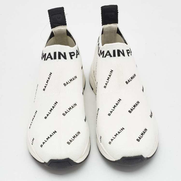 Pre Owned Balmain White/Black Knit Fabric Sock Knit Logo High Top Sneakers Size 37