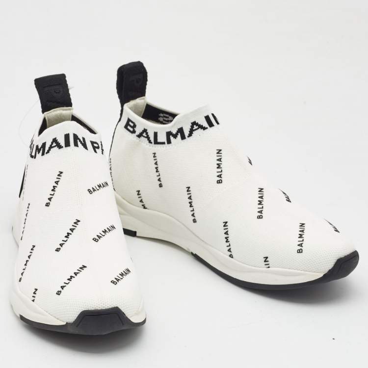 Pre Owned Balmain White/Black Knit Fabric Sock Knit Logo High Top Sneakers Size 37
