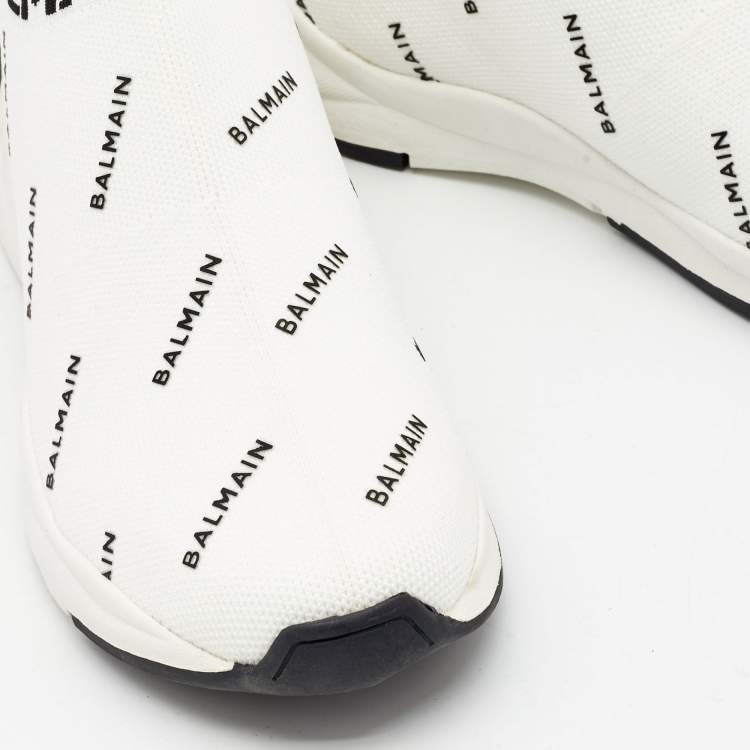 Pre Owned Balmain White/Black Knit Fabric Sock Knit Logo High Top Sneakers Size 37