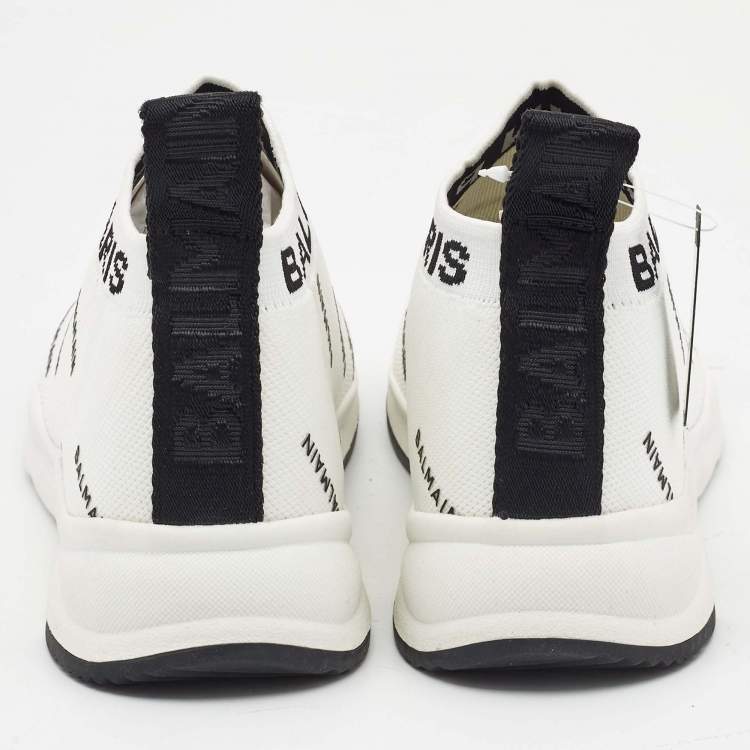 Pre Owned Balmain White/Black Knit Fabric Sock Knit Logo High Top Sneakers Size 37