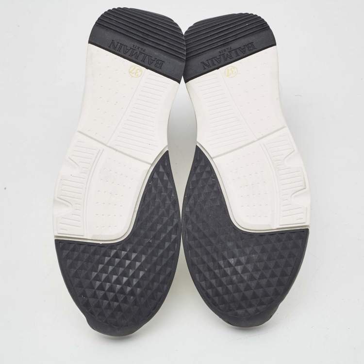 Pre Owned Balmain White/Black Knit Fabric Sock Knit Logo High Top Sneakers Size 37