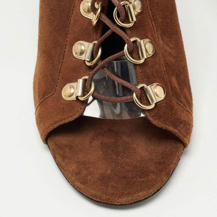 Pre Owned Balmain Brown Suede Lace Up Ankle Boots Size 38.5