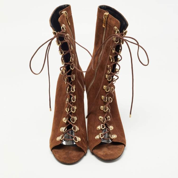 Pre Owned Balmain Brown Suede Lace Up Ankle Boots Size 38.5