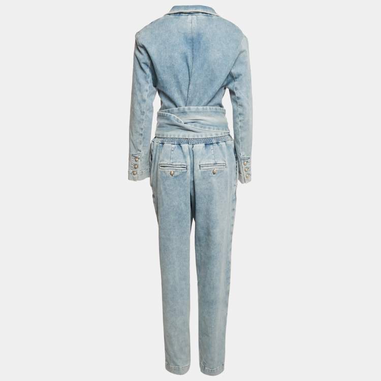 Pre Owned Balmain Paris Blue Denim Belted Jumpsuit L