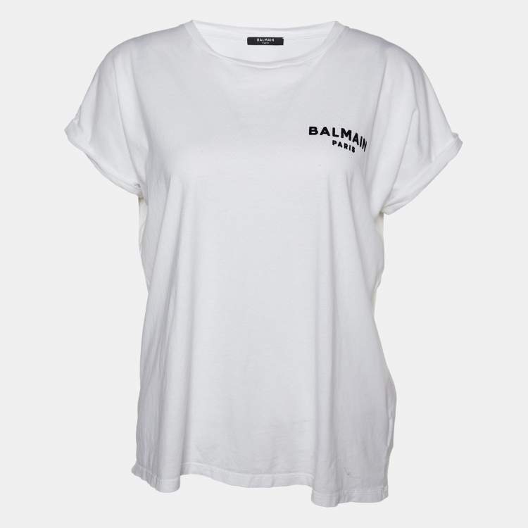 Pre Owned Balmain White Logo Flock Print Cotton Crew Neck T-Shirt S