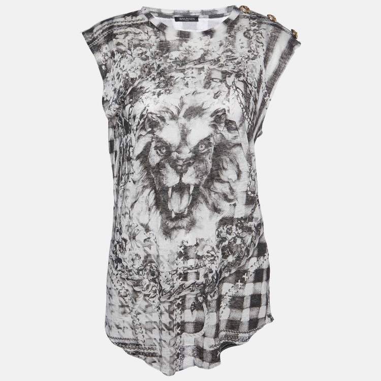 Pre Owned Balmain Grey Printed Linen Knit Sleeveless Top M