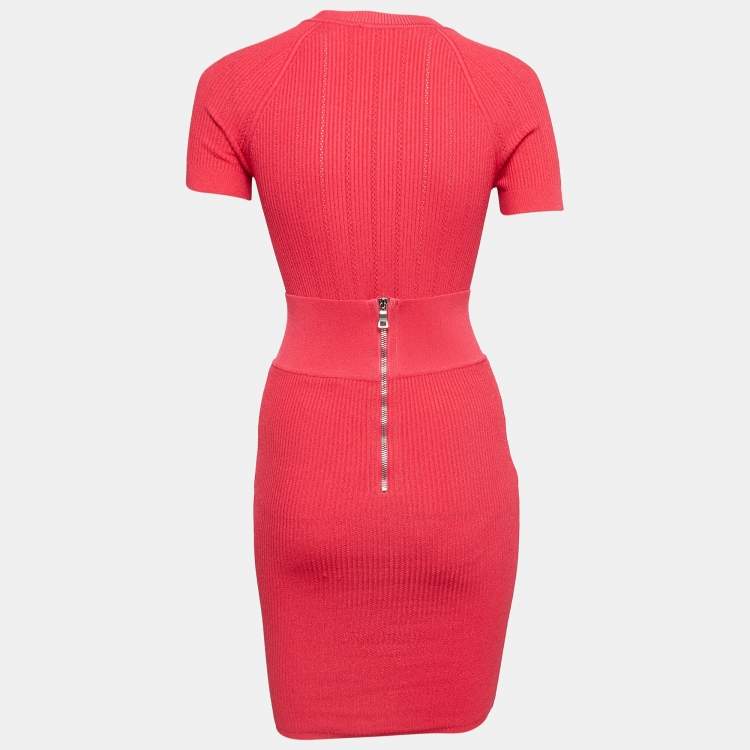 Pre Owned Balmain Pink Rib Knit Button Embellished Skirt Set S