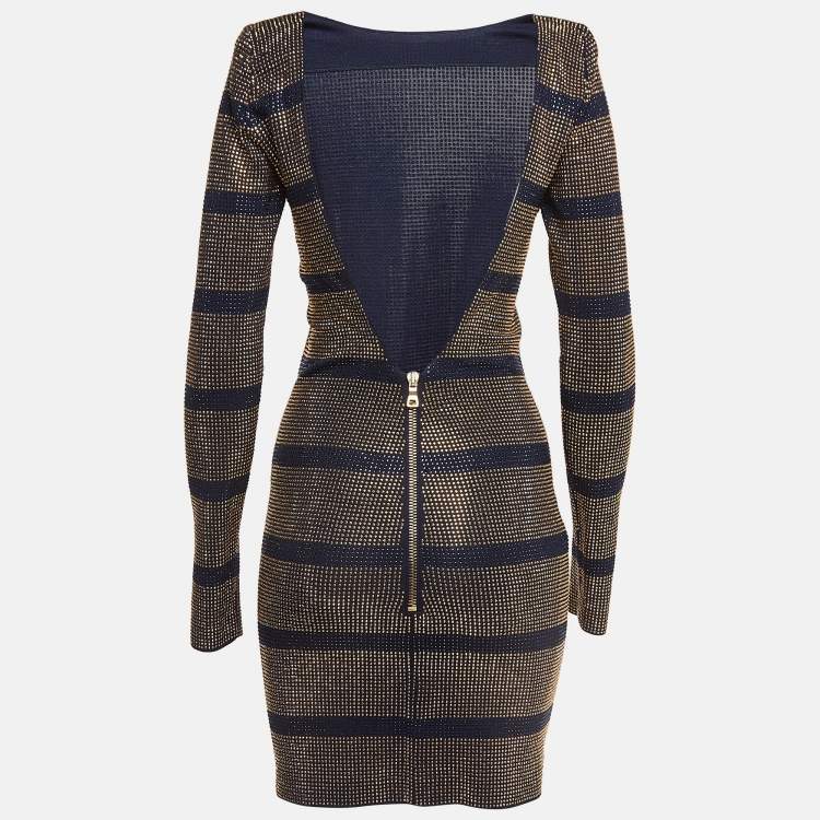 Pre Owned Balmain Blue/Gold Studded Stripe Jersey Mini Dress M