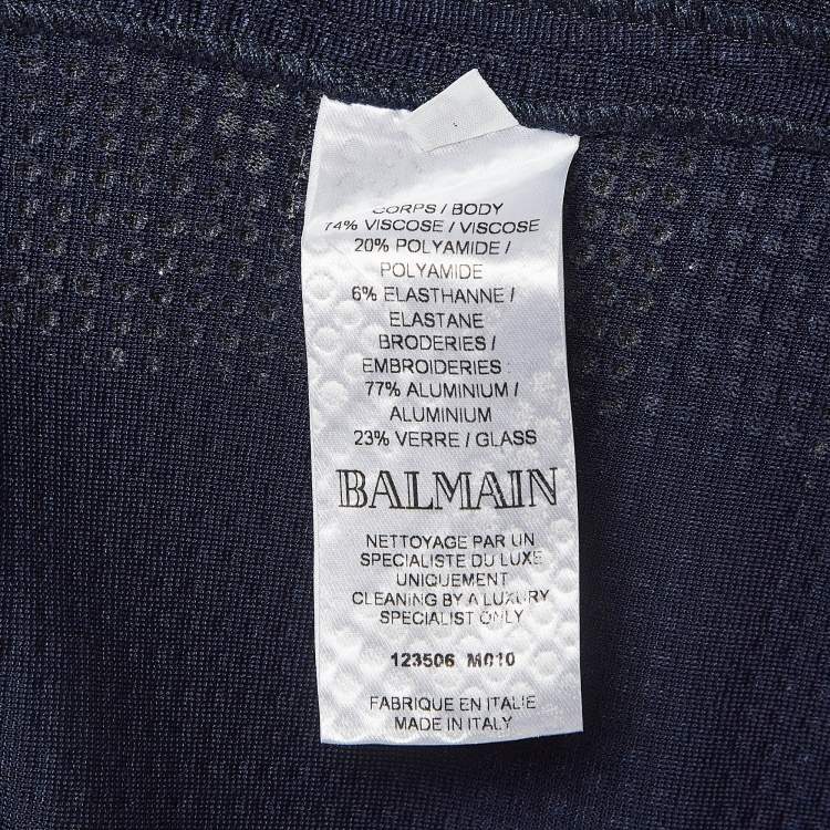 Pre Owned Balmain Blue/Gold Studded Stripe Jersey Mini Dress M