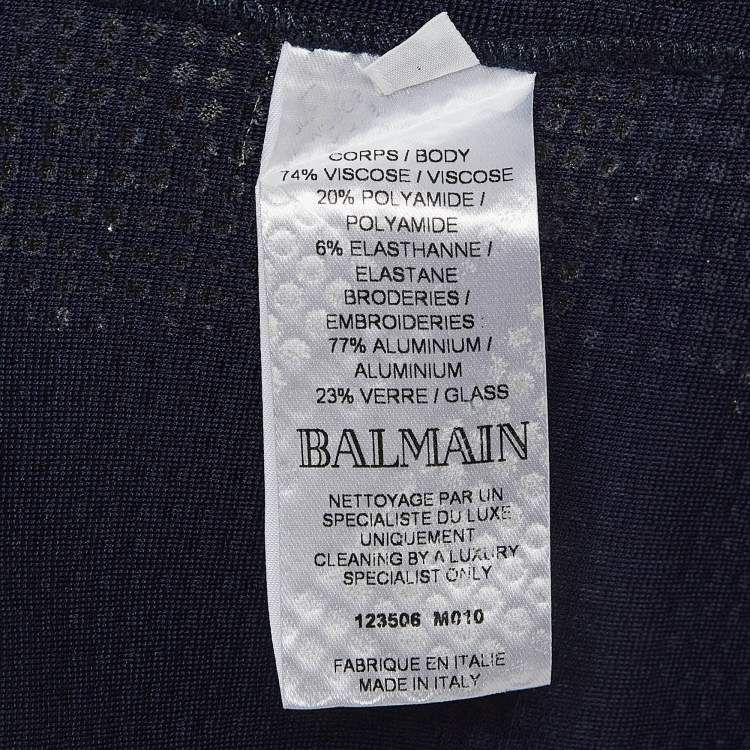 Pre Owned Balmain Blue/Gold Studded Stripe Jersey Mini Dress M