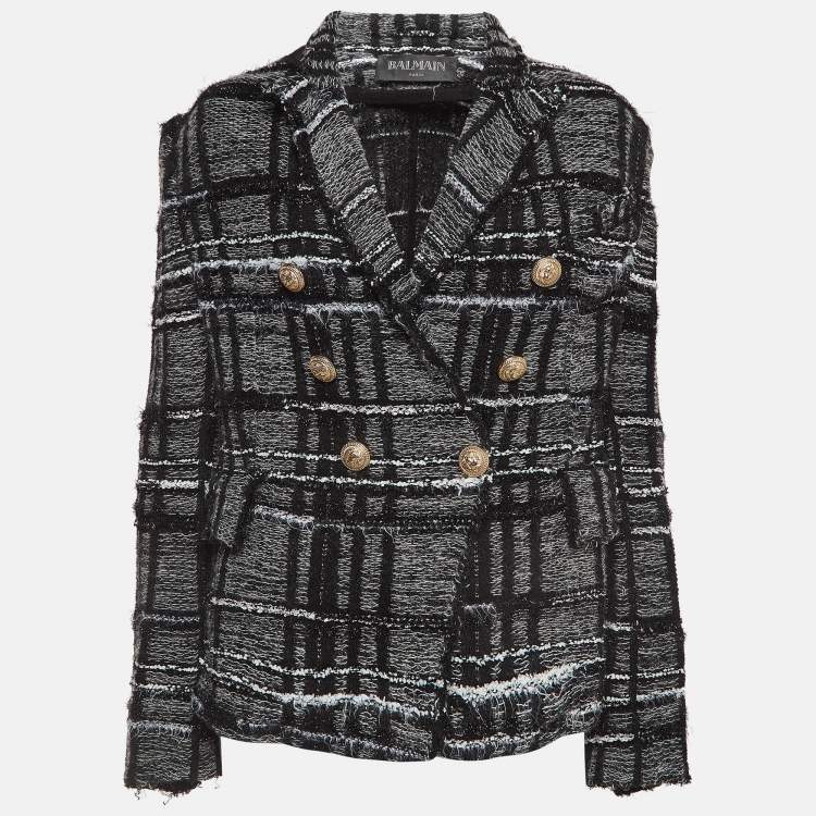 Pre Owned Balmain Monochrome Lurex Tweed Double Breasted Blazer M