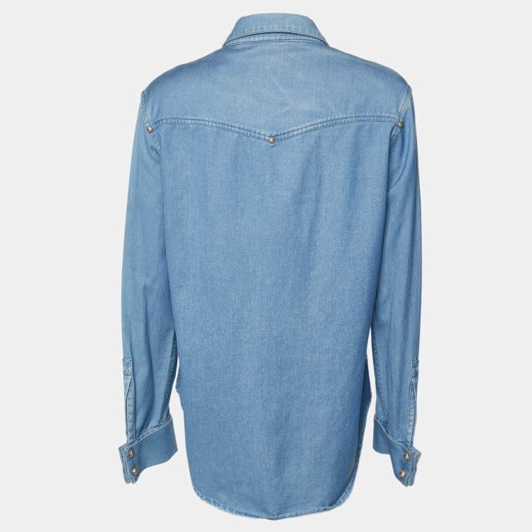 Pre Owned Balmain Light Blue Denim Gold Button Detail Long Sleeve Shirt L