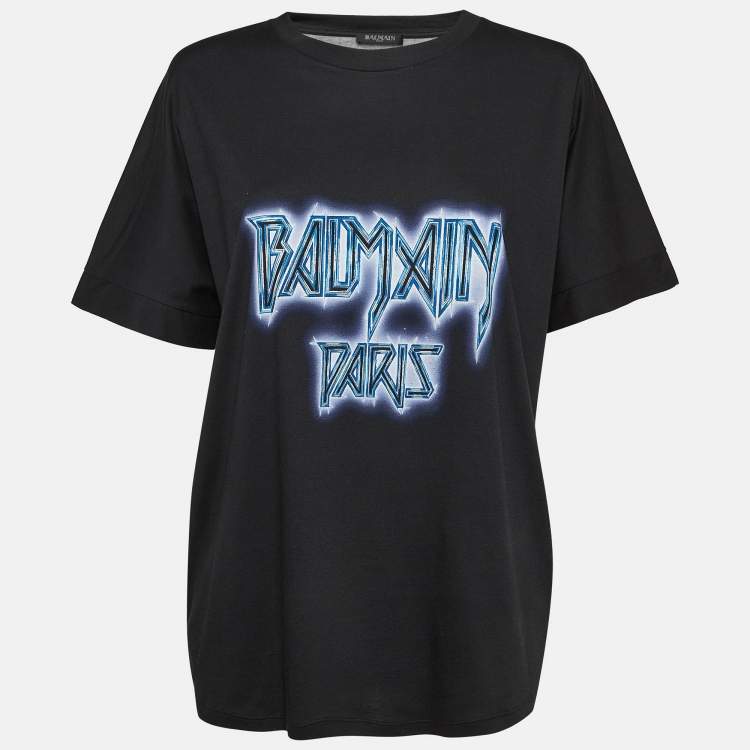 Pre Owned Balmain Black Printed Cotton Jersey T-Shirt M