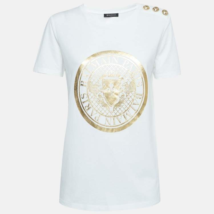 Pre Owned Balmain White/Golden Logo Print Cotton Jersey T-Shirt S
