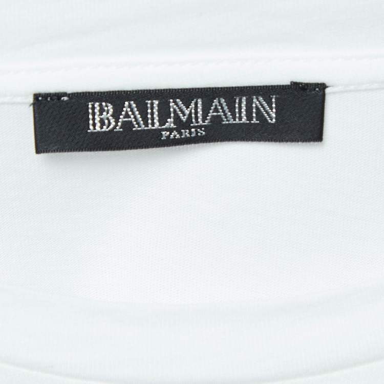 Pre Owned Balmain White/Golden Logo Print Cotton Jersey T-Shirt S