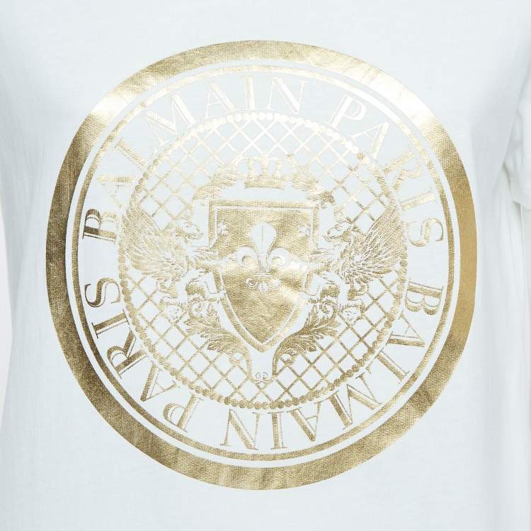 Pre Owned Balmain White/Golden Logo Print Cotton Jersey T-Shirt S