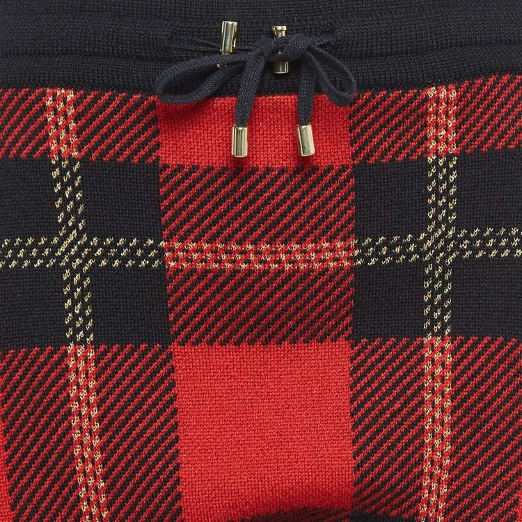 Pre Owned Burberry Red Tartan Lurex and Wool Wool Knit Sweatpants XS