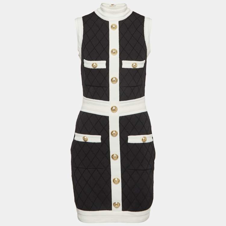 Pre Owned Balmain Black Patterned Jersey Detailed Button Mini Dress M