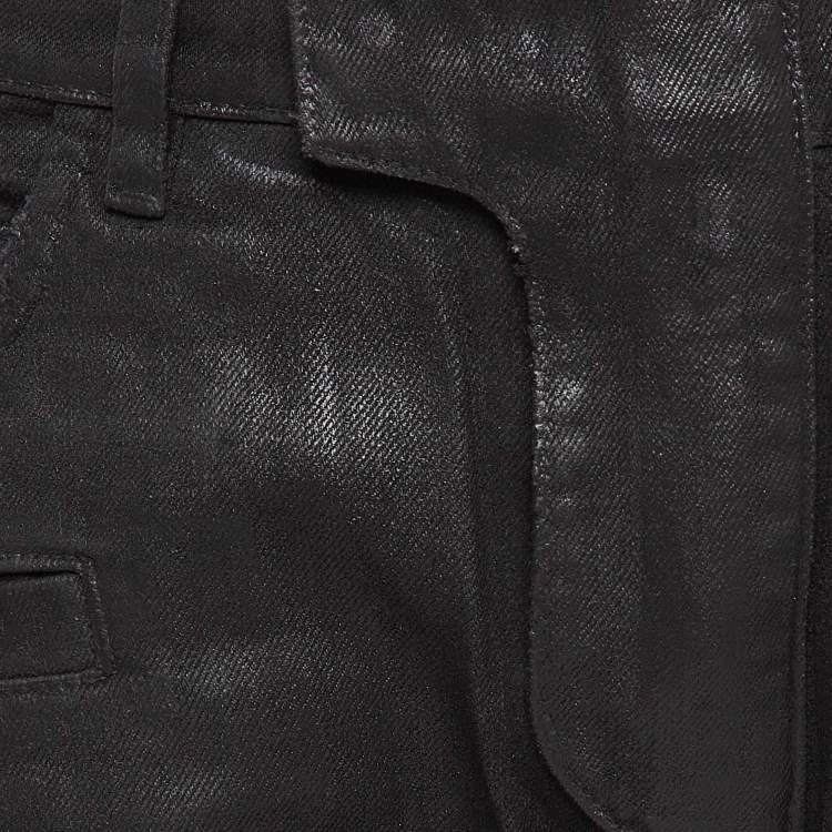 Pre Owned Balmain Black Waxed Leather Trim Denim Jeans M Waist 32"
