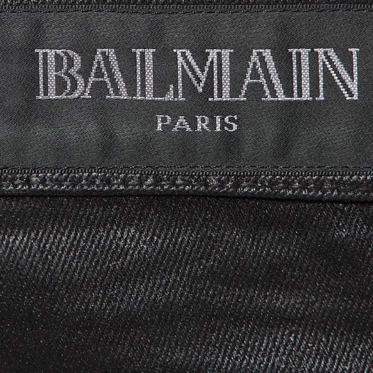 Pre Owned Balmain Black Waxed Leather Trim Denim Jeans M Waist 32"
