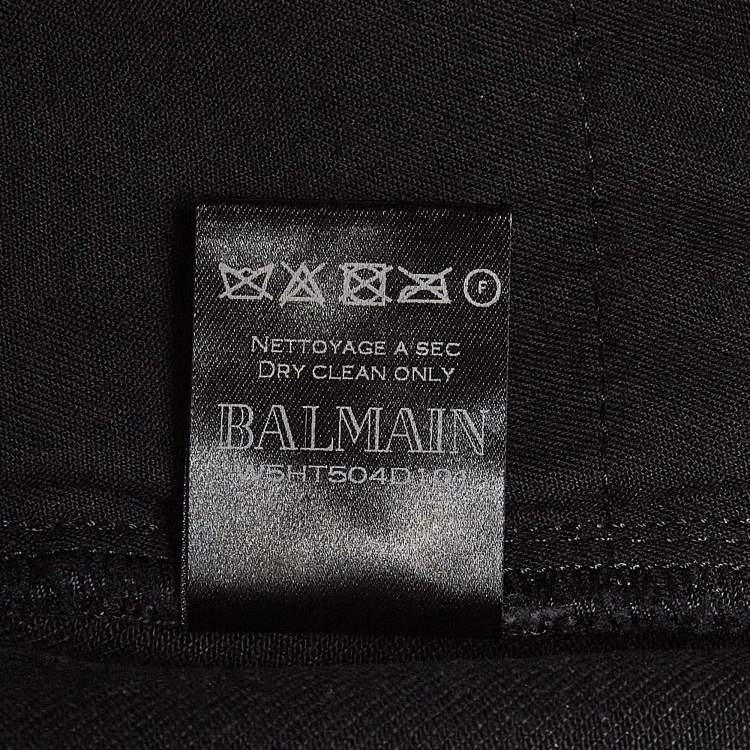 Pre Owned Balmain Black Waxed Leather Trim Denim Jeans M Waist 32"