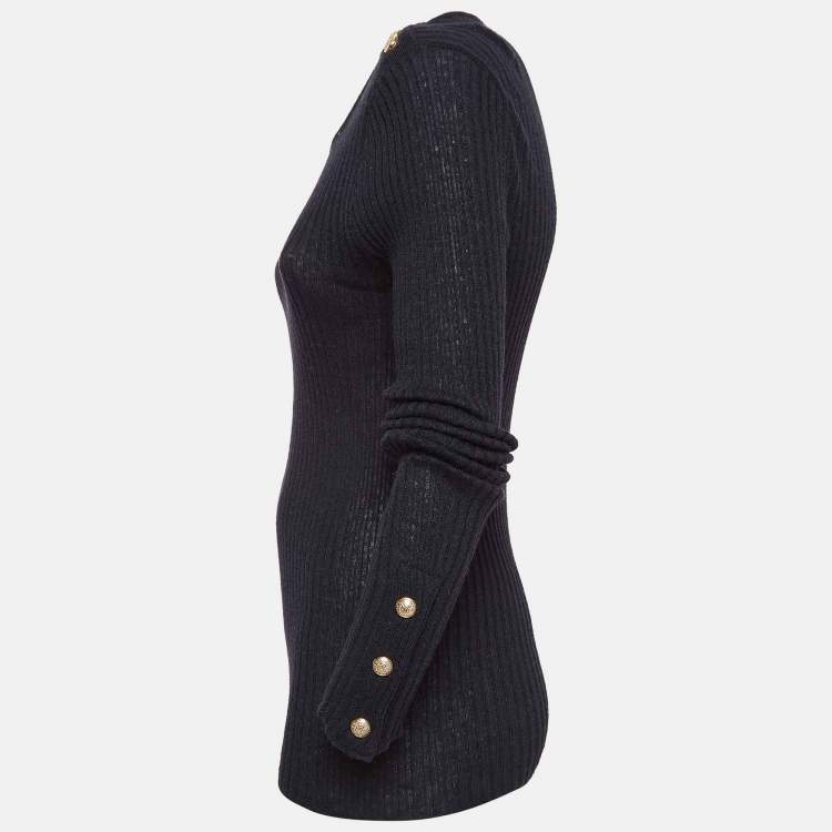 Pre Owned Balmain Black Rib Knit Button Detail Sweater M
