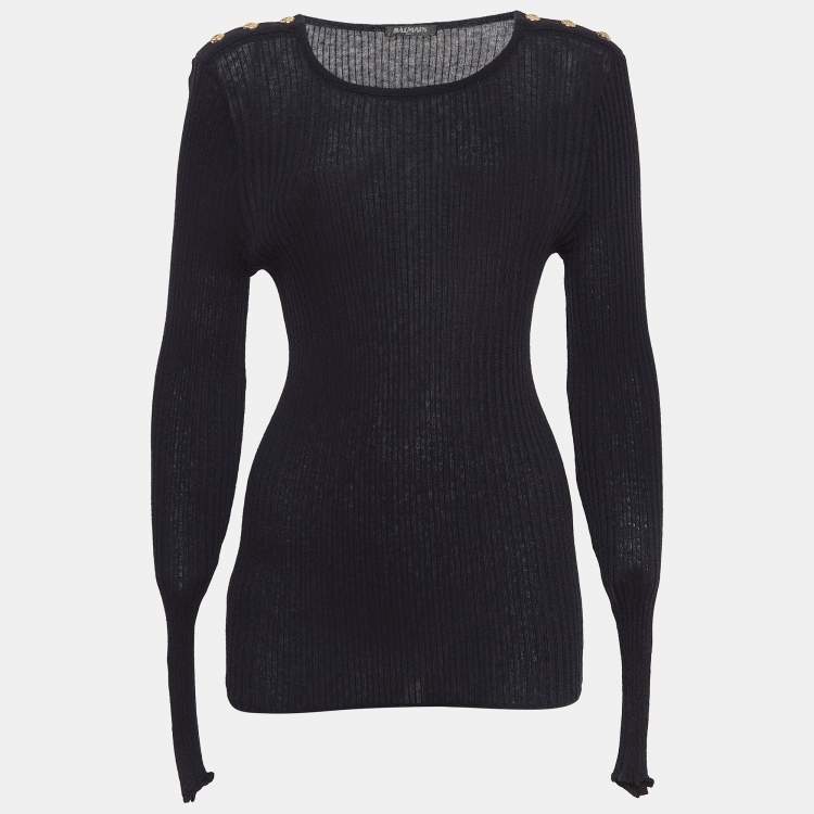 Pre Owned Balmain Black Rib Knit Button Detail Sweater M
