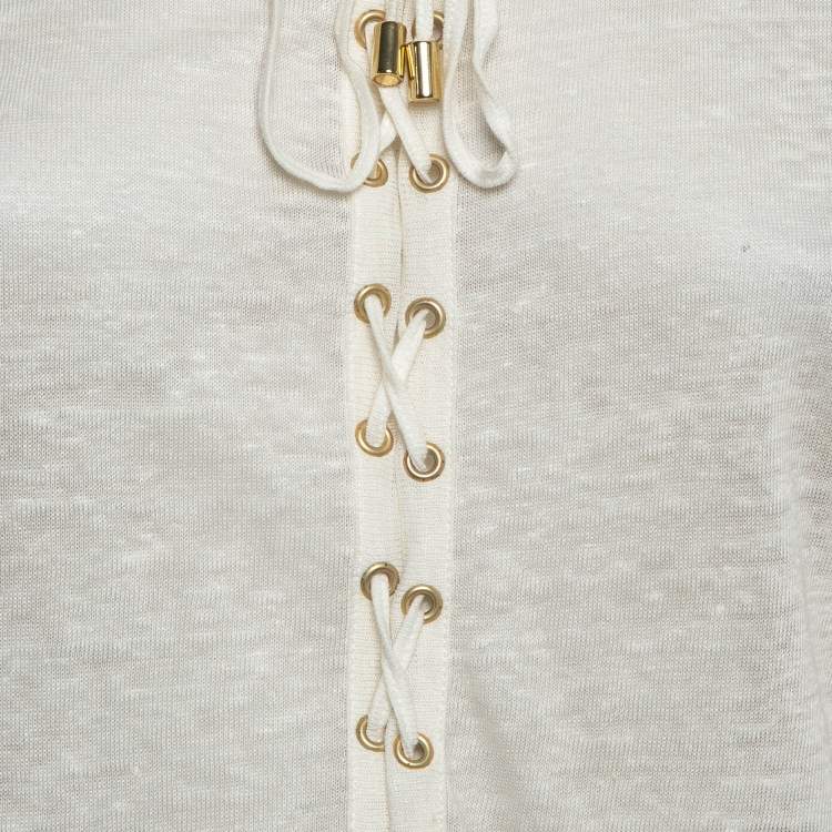 Pre Owned Balmain Off-White Linen Knit Lace-Up Top M