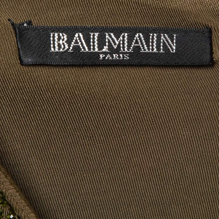 Pre Owned Balmain Green Embellished Jersey V-Neck Sleeveless Dress M