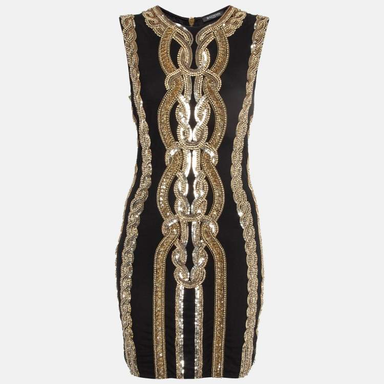 Pre Owned Balmain Black/ Gold Sequin and Crystal Embellished Mesh Mini Dress M