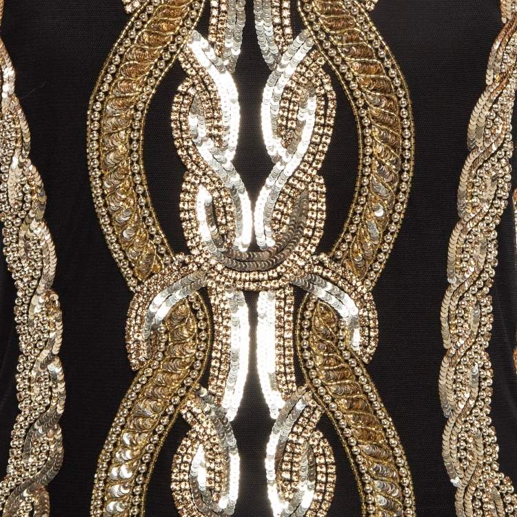 Pre Owned Balmain Black/ Gold Sequin and Crystal Embellished Mesh Mini Dress M