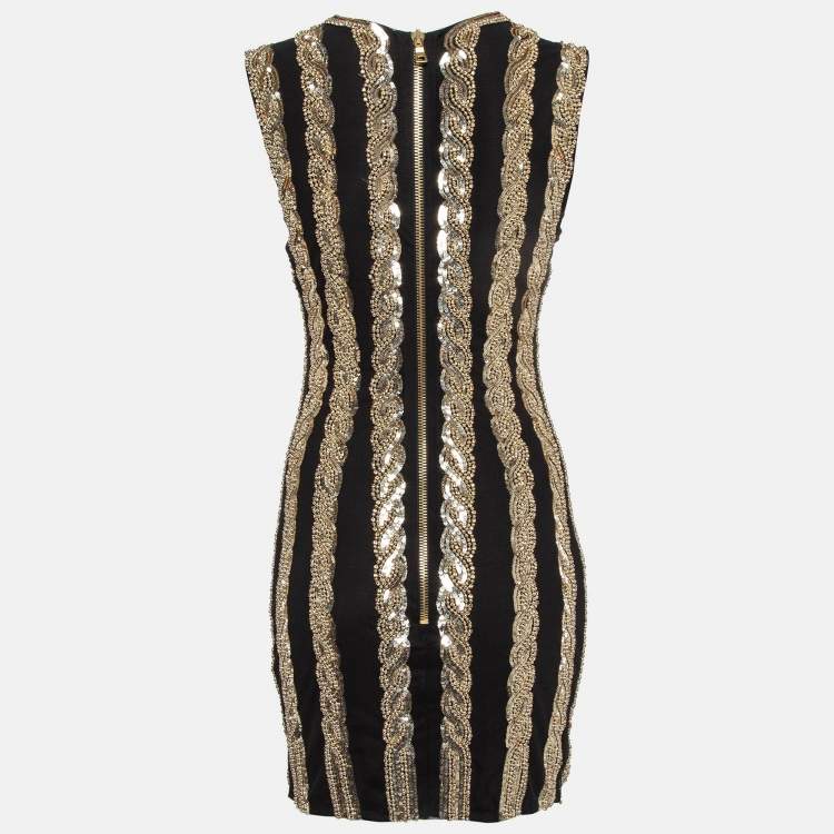 Pre Owned Balmain Black/ Gold Sequin and Crystal Embellished Mesh Mini Dress M