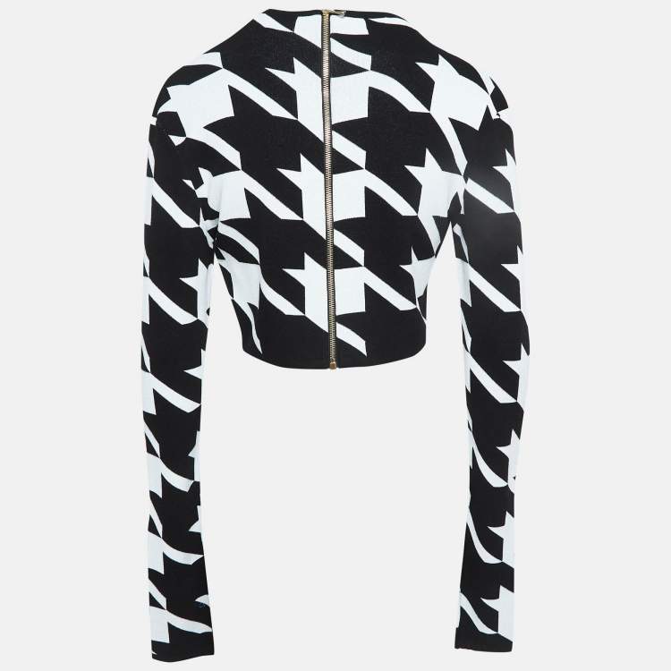 Pre Owned Balmain Black/White Houndstooth Patterned Knit Zip-Up Cardigan M