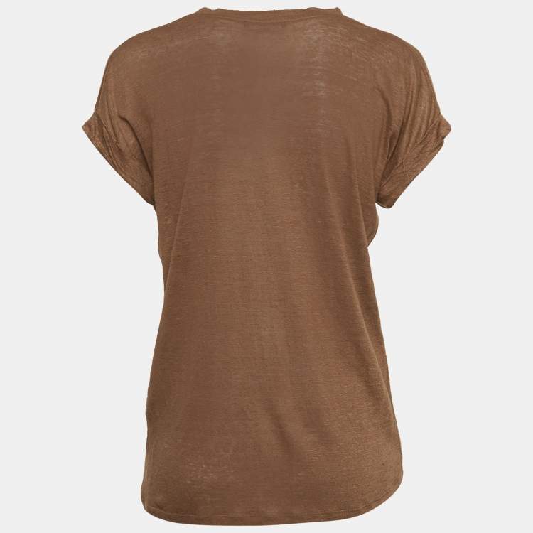 Pre Owned Balmain Brown Stretch Linen Jersey Rolled Sleeve T-Shirt S