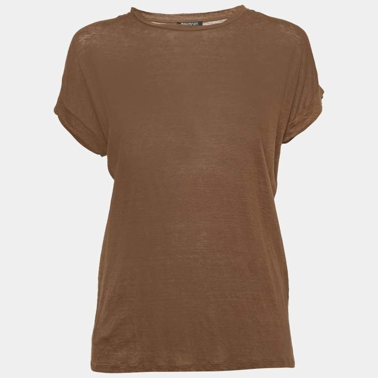 Pre Owned Balmain Brown Stretch Linen Jersey Rolled Sleeve T-Shirt S