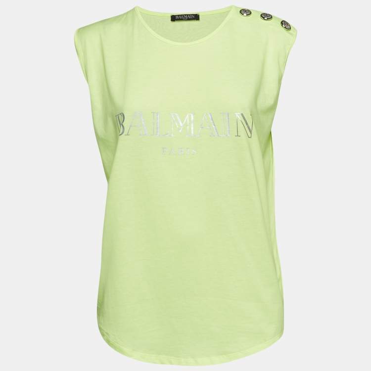 Pre Owned Balmain Fluorescent Green Logo Print Jersey Sleeveless T-Shirt M