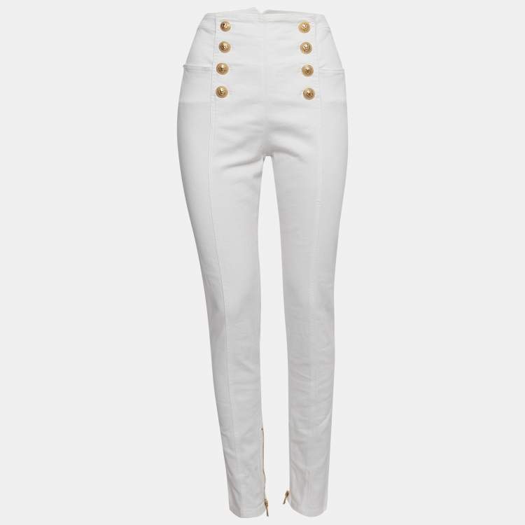 Pre Owned Balmain White Denim Button Embellished High Waist Pants L