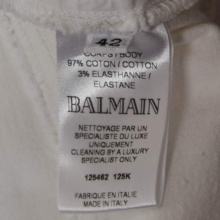 Pre Owned Balmain White Denim Button Embellished High Waist Pants L