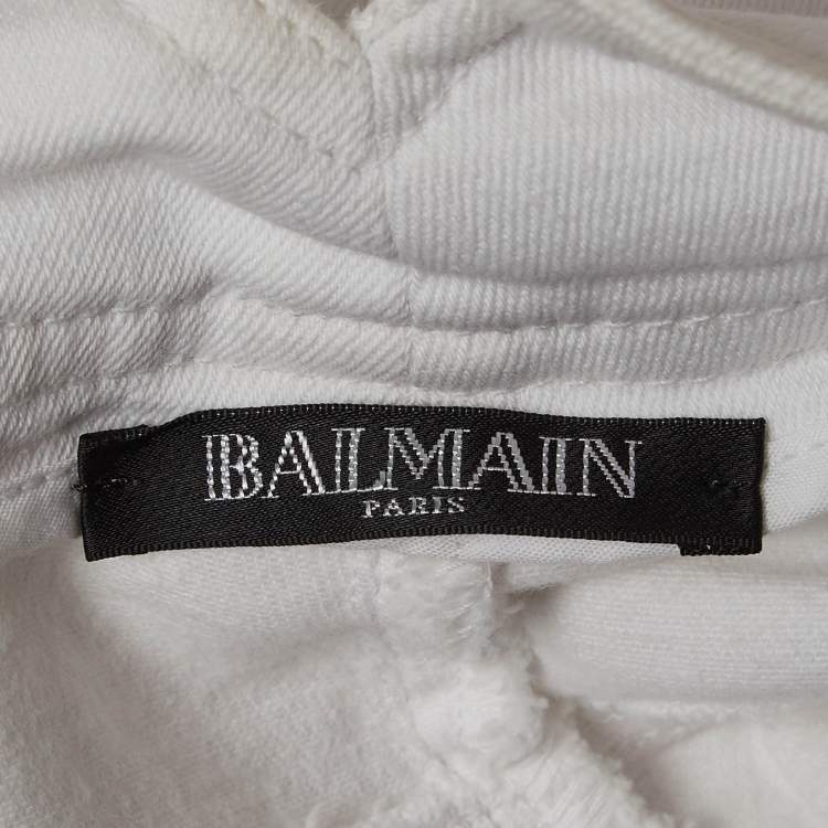 Pre Owned Balmain White Denim Button Embellished High Waist Pants L