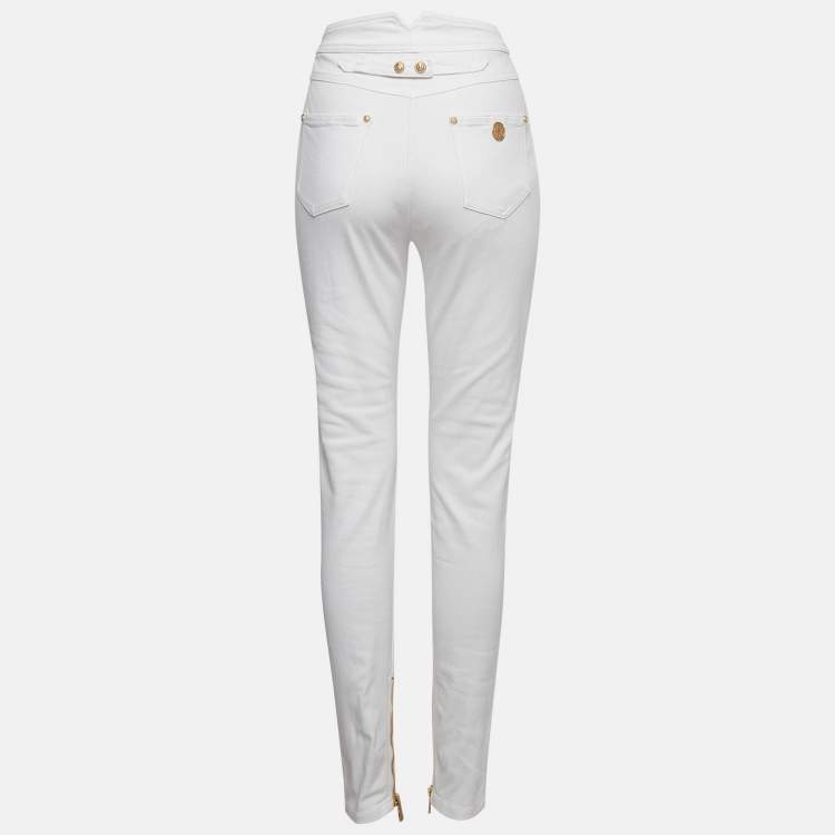 Pre Owned Balmain White Denim Button Embellished High Waist Pants L