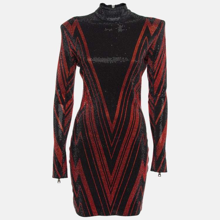 Pre Owned Balmain Black/Red Chevron Patterned Crystal Embellished Jersey Mini Dress M