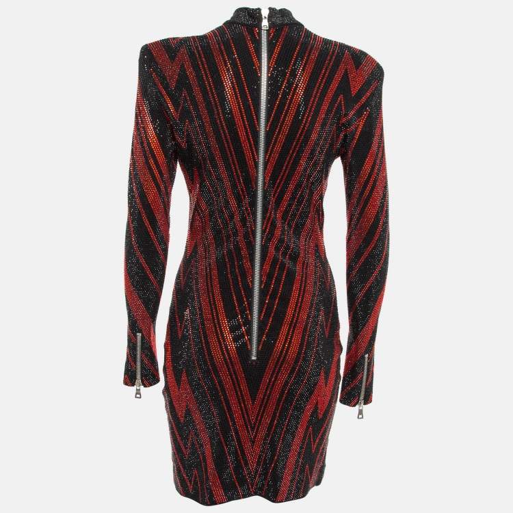 Pre Owned Balmain Black/Red Chevron Patterned Crystal Embellished Jersey Mini Dress M