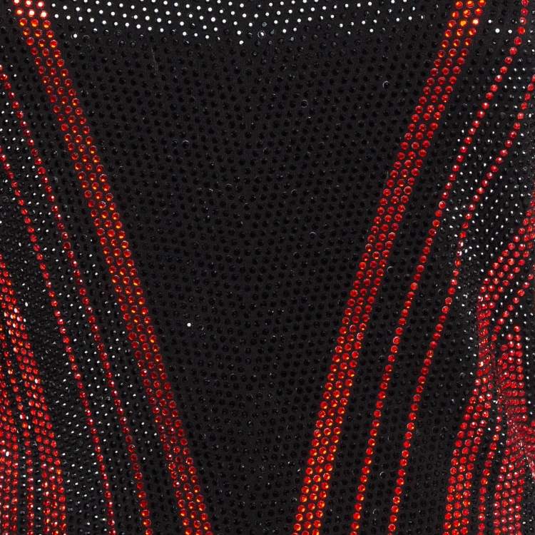 Pre Owned Balmain Black/Red Chevron Patterned Crystal Embellished Jersey Mini Dress M