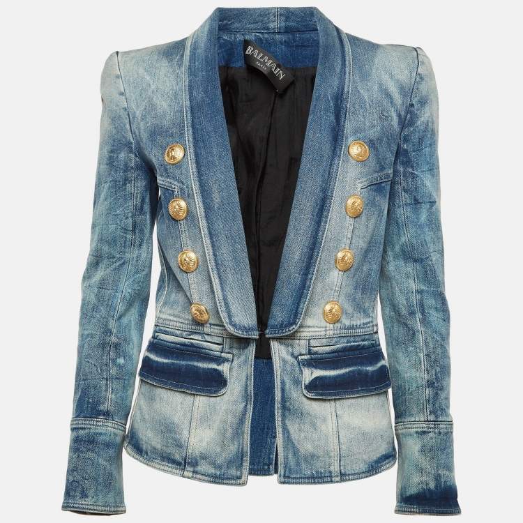 ジャケット BALMAIN Women Jackets EF1KL220KH80 BLUE Cropped denim jacket in blue - Balmain | Mytheresa