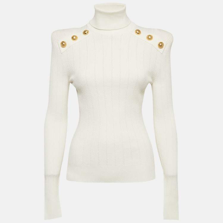 Pre Owned Balmain White Rib Knit Structured Shoulders Turtleneck Sweater M