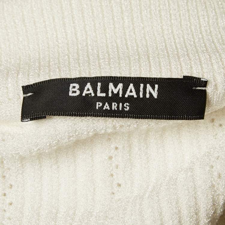Pre Owned Balmain White Rib Knit Structured Shoulders Turtleneck Sweater M